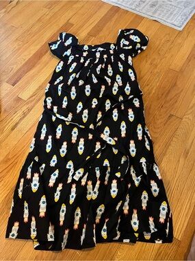 Black Rocket-Print Midi Dress with Puff Sleeves